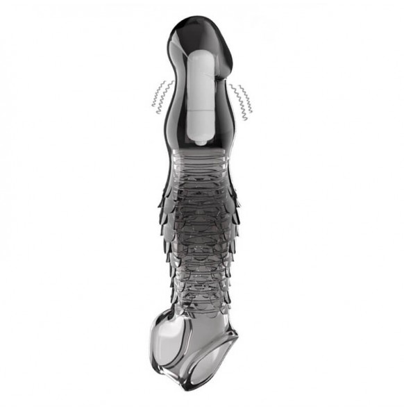 PLEASE ME - Scale-shaped Vibrating Penis Sleeve (Transparent Black)